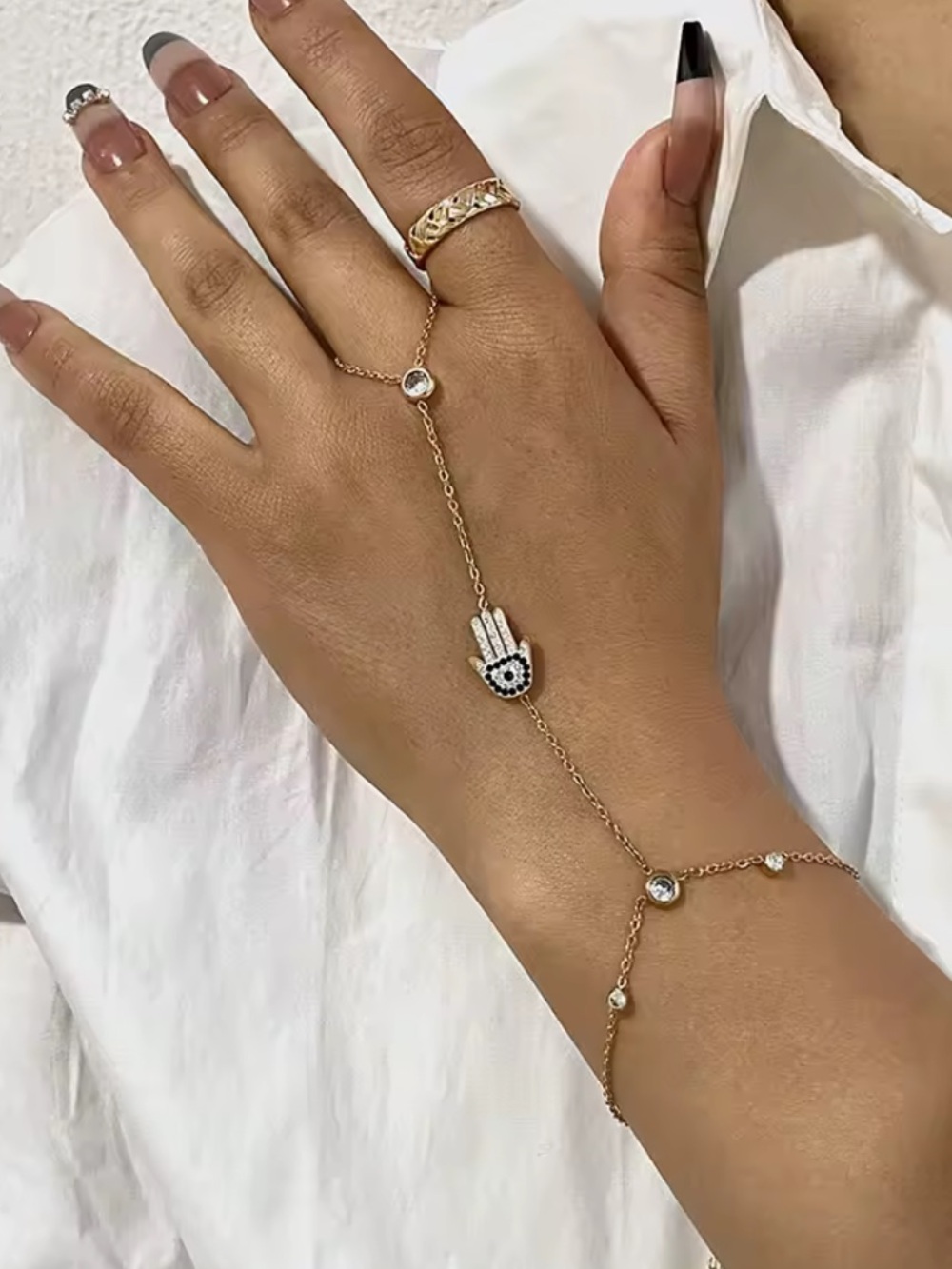 Gold Hamsa Hand Hand Chain Bracelet with Crystal Accents